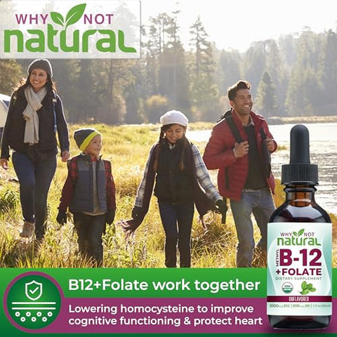 Why Not Natural - Vitamina B12 Líquida Natural Plus Folate – Gotas Veganas Sublinguais Extra Fortes – Methyl B12 e Folinato – Orgânico