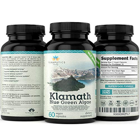 Teraputics - Premium Alga Azul do Lago Klamath – Mais Poderosa que Suplementos de Spirulina e Chlorella | SuperAlimento Puro Rico em Clorofila, Fonte Orgânica do Lago Klamath, 500mg, 60 cápsulas