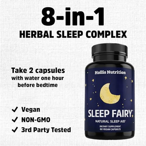 Hollis Nutrition - Sleep Fairy – Aid Natural para Dormir | Melatonina 10mg, L-Teanina, 5-HTP, Raiz de Valeriana, GABA, Magnésio, Camomila | Comprimidos Naturais para Dormir | Suplemento Não Viciante | Vegano