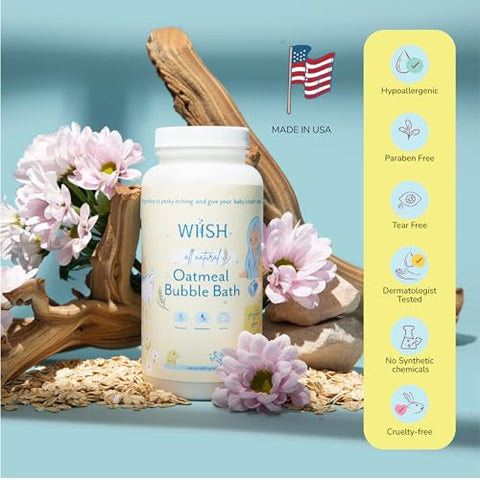 WIISH - Banho de Aveia para Bebês – Banho de Espuma para Pele Sensível com 30% de Aveia Coloidal | Extrato de Aloe Vera em Pó, Ingrediente Cicatrizante, Alivia Coceiras, Irritações e Ressecamento 16 oz (473 ml)
