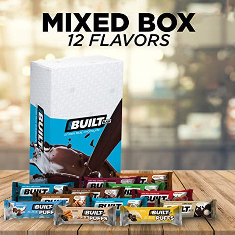 12 Pack – Barras de Alta Proteína e Energia – Baixo Carboidrato, Baixa Caloria, Baixo Açúcar – Cobertas com Chocolate 100% Real – Lanche Delicioso e Saudável – Livre de Glúten (Caixa com 12 Sabores Variados) - Built Bar