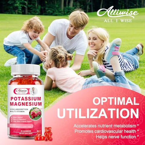 Alliwise - Gomas de Suplemento de Potássio e Magnésio com Citrato de Potássio 200mg e Glicinato de Magnésio 500mg para os Ossos