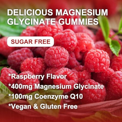 WOGORGT - Gummies de Magnésio Glicinato – 400mg Gummies de Magnésio Glicinato com Vitamina D, B6 e CoQ10, Suplemento de Magnésio para Relaxamento e Cognição, Sem Açúcar – 60 Gummies de Framboesa