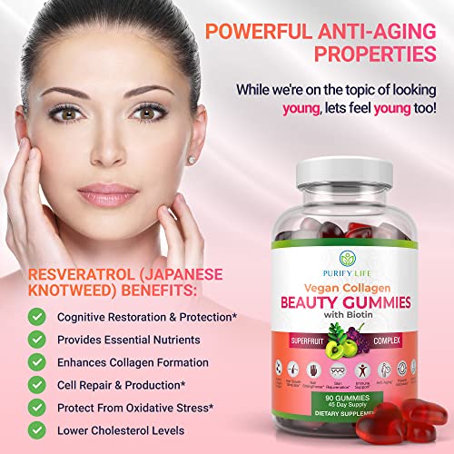 Gomas Veganas de Colágeno com Biotina para Saúde de Cabelos, Pele e Unhas (90 Unidades) Complexo Superfrutas de Suporte ao Colágeno com Resveratrol, Vitaminas A, E, C - Purify Life