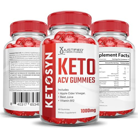 Justified Laboratories - (2 Pacotes) Gomas Ketosyn Keto ACV Fórmula Avançada 1000MG Gomas Ketosyn Keto Vinagre de Maçã Formulado com Pó de Romã e Beterraba B12 Vegano Não GMO 120 Gomas
