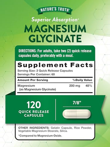 Nature's Truth - Nature’s Truth Magnesium Glycinate 200mg | 120 Cápsulas | Magnésio Quelato de Alta Absorção | Não-OGM