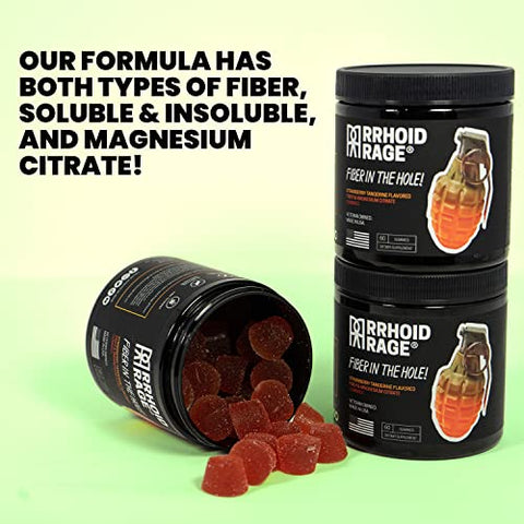 Rrhoid Rage - Gomas de Fibra e Magnésio, Fabricadas nos EUA, Apoiam a Saúde Digestiva, Aliviam a Prisão de Ventre, Auxiliam na Prevenção de Hemorroidas, Contêm Fibra Solúvel e Insolúvel, 60 un (1)