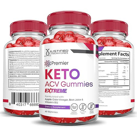 Justified Laboratories - (2 Pacotes) Premier Keto Gummies Extreme 2000MG ACV Premier Keto Gummies Vinagre de Maçã Formulado com Suco de Romã e Beterraba em Pó B12 Vegano Não GMO 120 Gomas