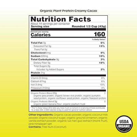 wholier - Proteína Vegetal Orgânica Wholier com Prebióticos. 21g de Proteína Vegana. 5g de Fibra. Casca de Psyllium e Banana Verde para Digestão. Sem Sabores Naturais, Gomas ou Preenchedores. Cacau Cremoso