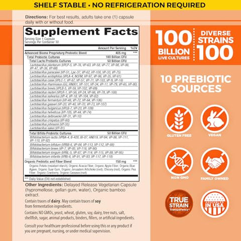 Vital Flora Probiótico Avançado 100 Bilhões UFC, 100 Cepas Diversas, 10 Prebióticos Orgânicos, Suporte Imunológico, Saúde Digestiva Probióticos Estáveis para Mulheres - Vital Planet