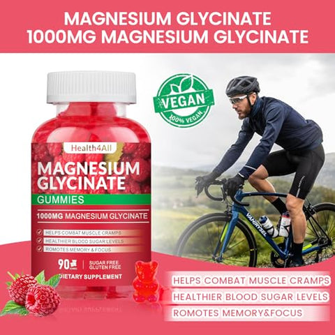 Health4All - Gomas de Magnésio Glicinato 1000mg, Alta Absorção Sem Açúcar, Suplemento de Magnésio e Potássio para Relaxamento, Alívio do Estresse e Suporte ao Sono para Adultos