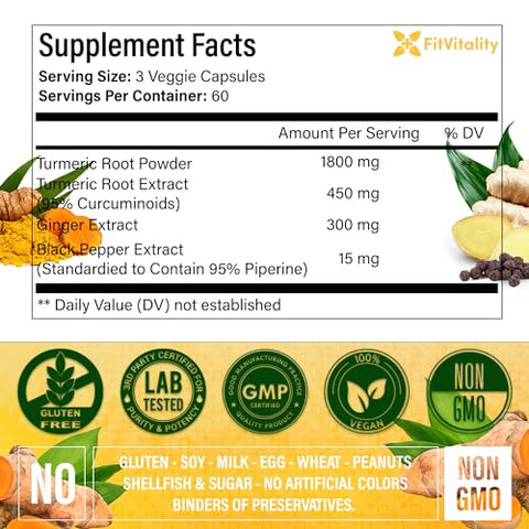 FITVITALITY - Curcumin 2565 mg – 180 Cápsulas – 95%% Curcuminoides | Turmeric – Marca Líder em Saúde e Bem-Estar
