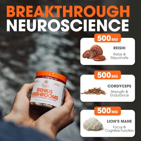 Complexo de Cogumelo Genius – Suplemento Cerebral Nootrópico para Foco e Energia Natural – Cordyceps e Reishi – 60 cápsulas - The Genius Brand
