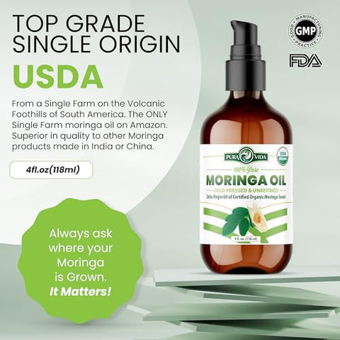 PURA VIDA MORINGA - Óleo de Moringa Orgânico 100% Puro para Rosto, Cabelo, Unhas e Pele Seca – Certificado USDA Extraído de Sementes de Moringa Oleifera de Origem Única – Testado por Terceiros, Extraído a Frio – 30ml