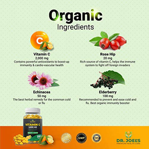 Dr. JOEL'S - Dr. JOEL’S Vitamina C 2000 mg – 200 Comprimidos – com Zinco, Sabugueiro, Rosa Mosqueta, Equinácea – Reforça o Sistema Imunológico – Fabricado nos EUA