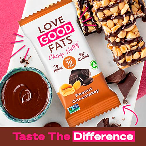 LOVE GOOD FATS - Barras de Proteína Love Good Fats à base de plantas Keto – Amendoins Crocantes e Chocolate Amargo – 13g de Gorduras Boas, 7g de Proteína, 5g de Carboidratos Líquidos, 1g de Açúcar, Sem Glúten, Não-OGM – Amendoim