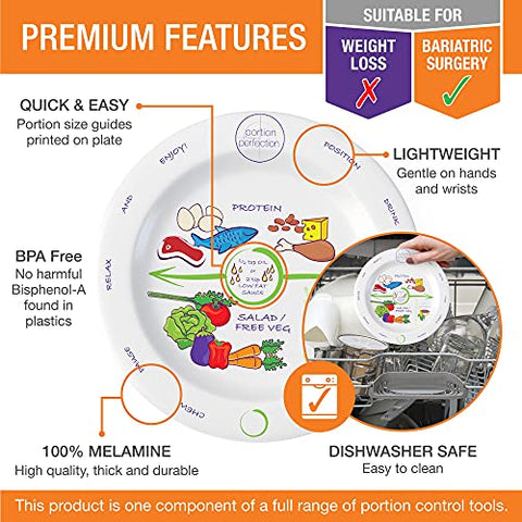 Portion Perfection - Conjunto de Pratos de 8 polegadas para Cirurgia Bariátrica – Melamina, Protege o Tamanho da Bolsa Gástrica para Perda de Peso Controlada por Calorias Após Gastrectomia em Manga, Bypass Gástrico, Bariátrica
