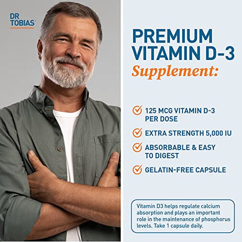 Vitamina D3 5000 UI, Essencial para Ossos, Dentes e Sistema Imunológico, Suplemento de Vitamina D de Alta Potência, Não-OGM, 90 Cápsulas, 90 Porções - Dr. Tobias