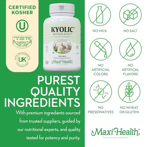 Kyolic – Suplemento de Alho Orgânico Kosher com Extrato de Alho Envelhecido Kyolic para Suporte Imunológico – Comprimidos Vegetarianos de Alho (180 Unidades) - Maxi Health