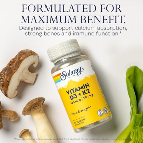 Vitamina D3 K2 – Suporte à Saúde Óssea e Imunológica – Com 5000 UI de Vitamina D como Vit D3 e 50 mcg de Vitamina K2 como Menoquinona MK7, Sem Soja, 60 Dias - SOLARAY