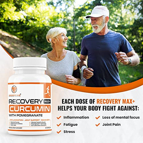 RECOVERY HUB - Recovery MAX – Suplemento de Cúrcuma/Curcumina – Suporte para Coração, Cérebro, Sistema Imunológico, Articulações, Fígado, Saúde do Cólon – Fórmula Patenteada – Até 285x Mais Absorção – Livre de Glúten