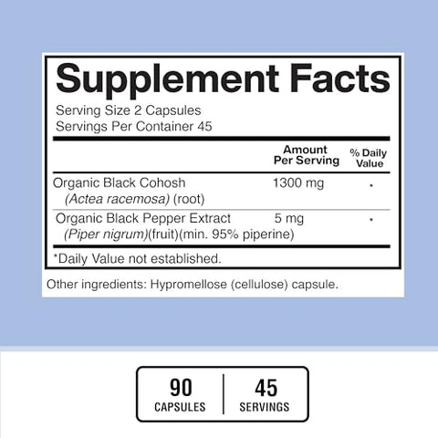 Black Cohosh 1300mg com Extrato de Pimenta Preta – Vegano, Sem Glúten, Não-OGM, 90 Cápsulas, 45 Porções - American Standard Supplements