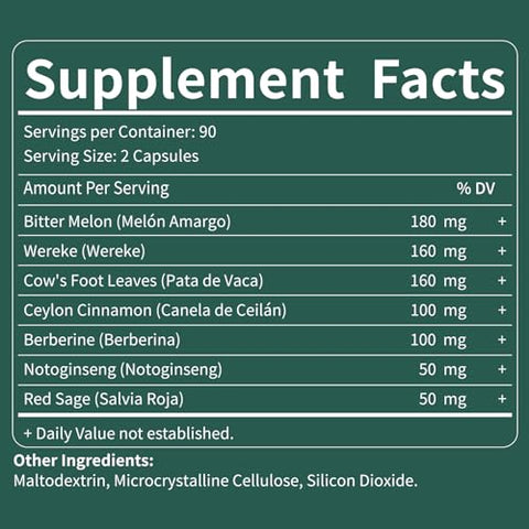Fuenvegtal - Cápsulas de Melão Amargo, Suplemento de Folhas de Pé de Vaca – Fórmula Avançada de Cápsulas de Berberina com Canela do Ceilão – Suporte à Saúde Herbal Natural com Extrato de Wereke. 180 Unidades