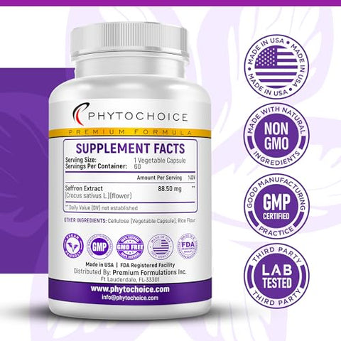 PHYTOCHOICE - Saffron Supplements – Cápsulas de Extrato Puro de Açafrão – Aumente a Energia – Marca em Destaque