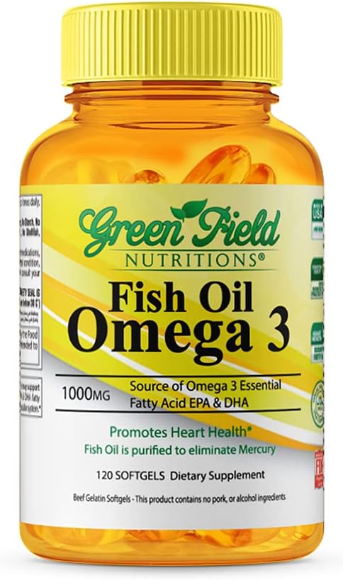 GREEN FIELD NUTRITIONS - Greenfield Nutritions Óleo de Peixe Halal 1000mg, Ômega 3 Halal 300mg, Óleo de Peixe Peruano Selvagem Pequeno Halal Vitaminas, EPA 180mg