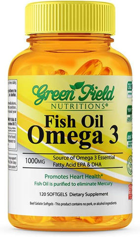 GREEN FIELD NUTRITIONS - Greenfield Nutritions Óleo de Peixe Halal 1000mg, Ômega 3 Halal 300mg, Óleo de Peixe Peruano Selvagem Pequeno Halal Vitaminas, EPA 180mg