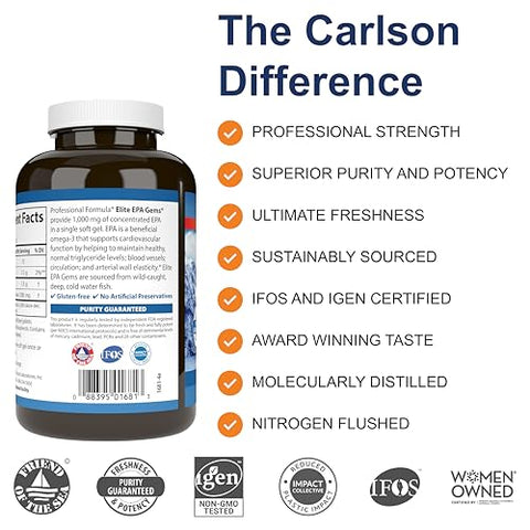 Ômega 3 EPA Elite, 1000 mg Óleo de Peixe EPA, Selvagem da Noruega, Fonte Sustentável, Auxilia na Manutenção dos Níveis Saudáveis de Triglicerídeos, 120 Cápsulas - Carlson