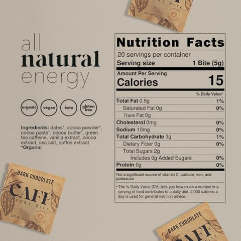 Energy Bites – Chocolate Energético Natural – Sem Açúcar – 65mg de Cafeína – Snacks Orgânicos de 15 Calorias – Vegano - CAFF