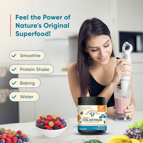 Sandhu's - Sandhu’s Pó de Colostro Bovino para Humanos | 65 Porções de Suplemento de Vacas Alimentadas com Grama | Alto Teor de IgG para Melhor Saúde Intestinal | Imunidade