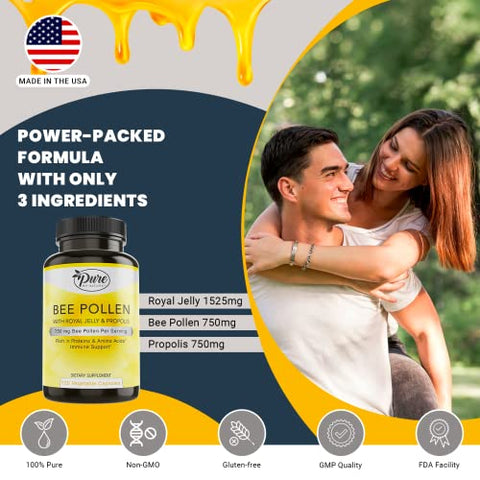 Pure By Nature - Suplemento de Pólen de Abelha Pure By Nature com Própolis – 100% Natural e Potente | 60 cápsulas | Marca