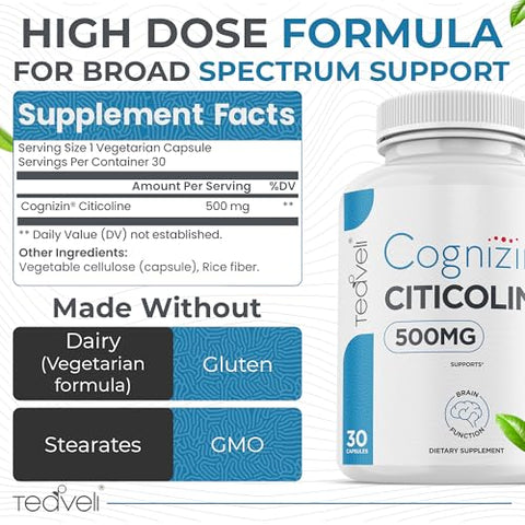 Teaveli - Cognizin Citicoline – 500mg Suplemento de CDP Colina – Estudo Clínico Comprovado para Apoiar Clareza, Concentração e Memória – Forma Mais Bioacessível de Colina – Marca Cognizin