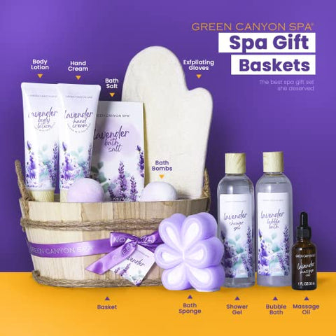 Green Canyon Spa - Spa Gift Baskets for Women 11pcs – Conjunto Presente de Banho de Lavanda com Loção Corporal, Óleo Essencial, Cestas de Spa Relaxantes para Mulheres, Presentes de Aniversário, Presente de Natal, Presentes para o Dia das Mães