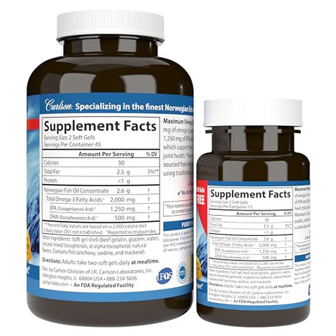 Ômega Máximo 2000, 2000 mg de Ácidos Graxos Ômega-3 Incluindo EPA e DHA, Óleo de Peixe Norueguês de Captura Selvagem, Cápsulas de Óleo de Peixe Sustentável, Limão, 90 30 - Carlson