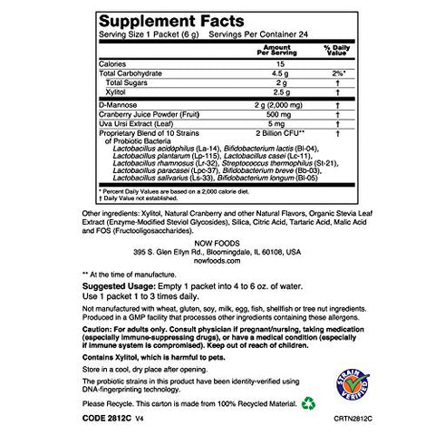 NOW Foods - NOW Supplements, Probióticos Cranberry Mannose com 10 Cepas Bacterianas Probióticas, 24 Unidades – 10g