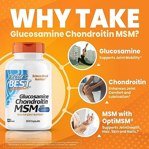 Doctor's BEST - Doctor’s Best Glucosamina Condroitina Msm com Cápsulas OptiMSM, Suporte Articular para uma Estrutura e Função Articular Saudáveis