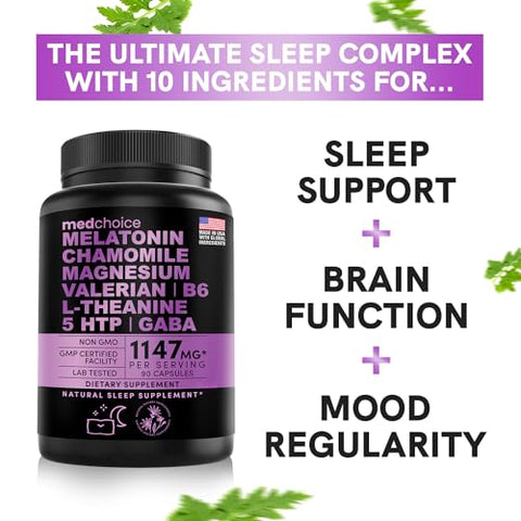 MEDCHOICE - 10 em 1 Cápsulas de Melatonina – Auxílio Natural para o Sono de 5mg para Adultos com L Teanina, 5 HTP, GABA, Raiz de Valeriana, Camomila, Vitamina B6, Magnésio para Suporte ao Sono – Sono