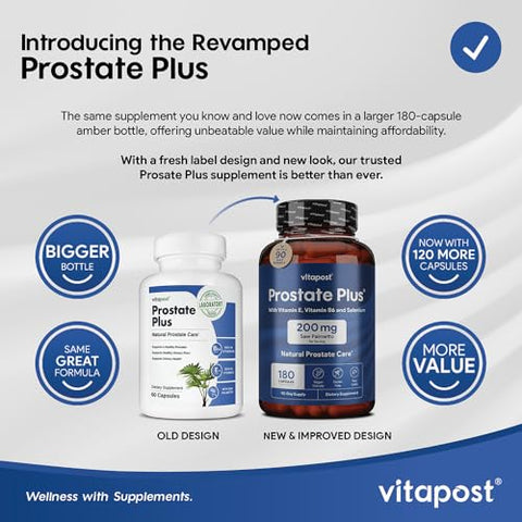 VitaPost - Prostate Plus – Cuidado Natural da Próstata e Saúde Urinária para Homens com Saw Palmetto, Vitamina B6, Vitamina E, Selênio e Zinco. 180 Cápsulas