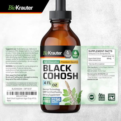 BIO KRAUTER - Tintura de Raiz de Cohosh Preto – Suporte para Mulheres com Suplementos Veganos de Cohosh Preto – Extrato Líquido de Cohosh Preto – Tintura de Cohosh Preto 118 ml – Livre de Álcool e Açúcar