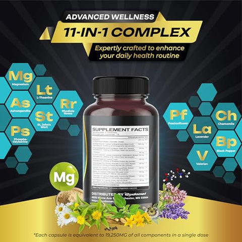 GUDOMET - CORTISOL WELLNESS – Magnésio Ashwagandha L-Teanina Fosfatidilserina Rhodiola Rosea Passiflora Lavanda Camomila – 150 Cápsulas – Fabricado nos EUA