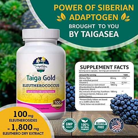 TAIGASEA - Extrato de Raiz de Eleuthero Selvagem, Mistura de Extrato Herbal com Eleutherococcus para Imunidade e Forma Física, Resistência e Resistência, 100 Cápsulas Vegetarianas