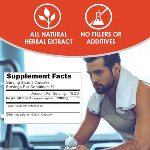TONGKAT ALI | Suporte Hormonal Extra Forte para Homens* | Extrato Padronizado de Eurycoma Longifolia (LongJack) 200 para 1 em Pó | 60 Cápsulas - VH Nutrition