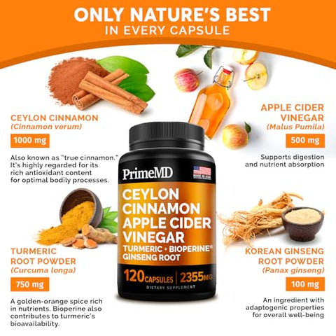 PrimeMD - Cápsulas de Canela do Ceilão 5 em 1 2355mg – Canela do Ceilão e Cápsulas de Vinagre de Maçã – Cápsulas de Cúrcuma e Ginseng Panax – Suplementos de Canela com Bioperina