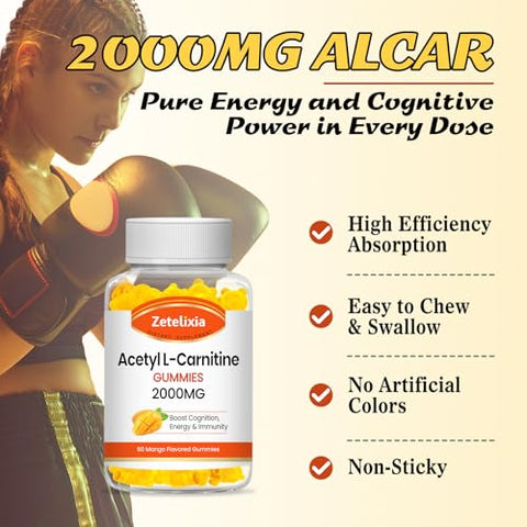 Zetelixia - Gomas de Acetil L-Carnitina 2000mg, Suplemento de L-Carnitina para Promover a Oxidação de Ácidos Graxos, Suplemento Nutricional para Aumentar a Energia e a Imunidade