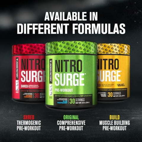 NITROSURGE – Energia Infinita, Ganho Instantâneo de Força, Foco Claro, Bombas Intensas – Impulsionador de Óxido Nítrico, Pó Energético Pré-Treino Poderoso – 30g - Jacked Factory