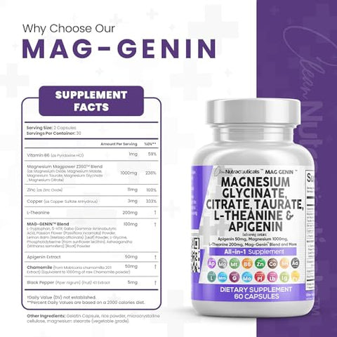 Clean Nutraceuticals - Magnésio Glicinato Complexo 1000mg com L-Teanina 200mg Apigenina 50mg Citrato de Taurato – 5-HTP GABA Flor de Maracujá Melissa L-Glicina Fosfatidilserina Ashwagandha
