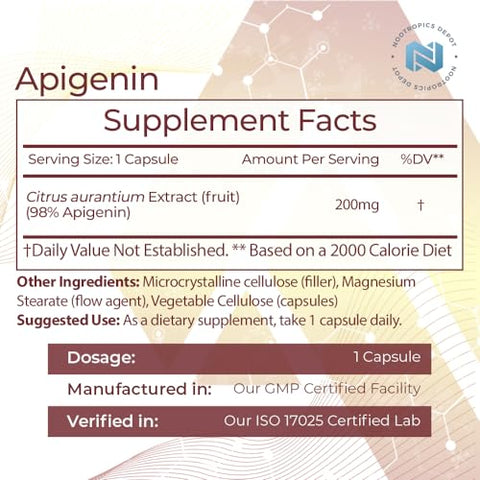 Cápsulas de Apigenina | 200mg | 120 Unidades | >98%% Apigenina | Suporta Níveis Saudáveis de Estresse - Nootropics Depot